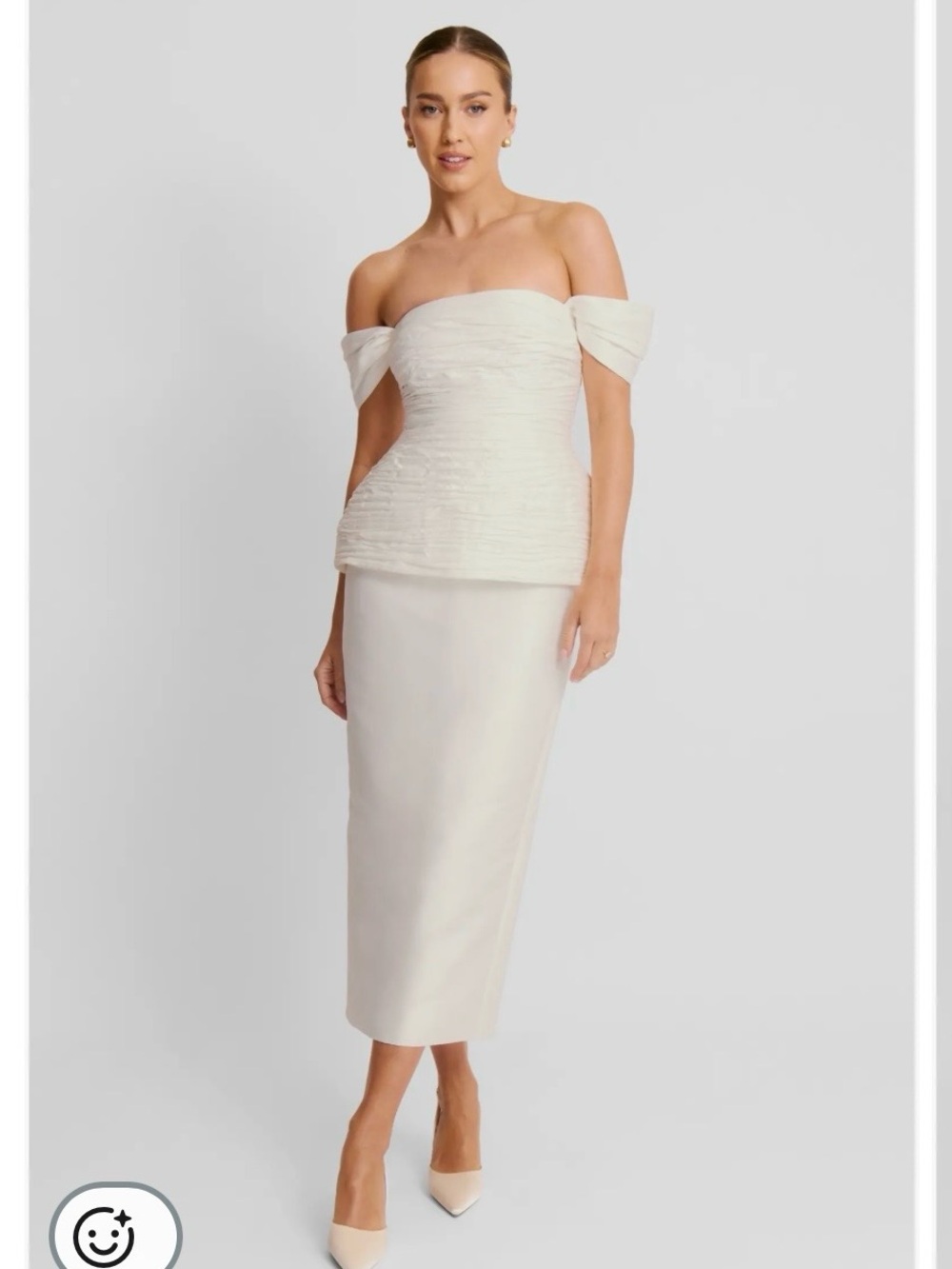 Six Stories Gathered Bardot Peplum Midi Dress